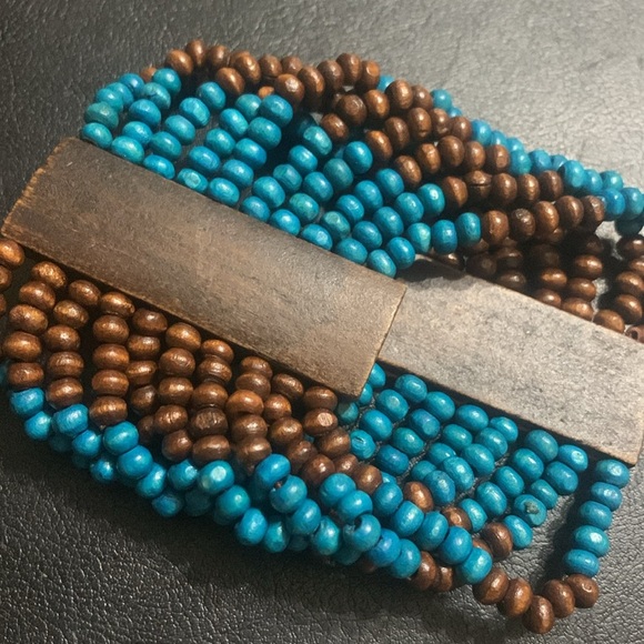 Bohemian Brown & Teal Wooden beaded stretch bracelet - Picture 3 of 3
